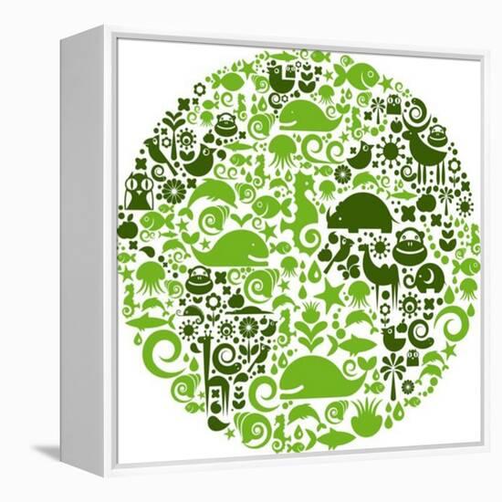 Green Globe Outline Made From Birds, Animals And Flowers Icons-Marish-Framed Stretched Canvas