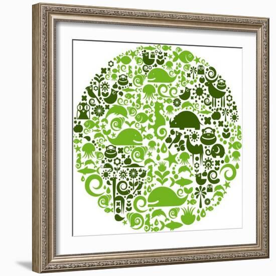 Green Globe Outline Made From Birds, Animals And Flowers Icons-Marish-Framed Premium Giclee Print