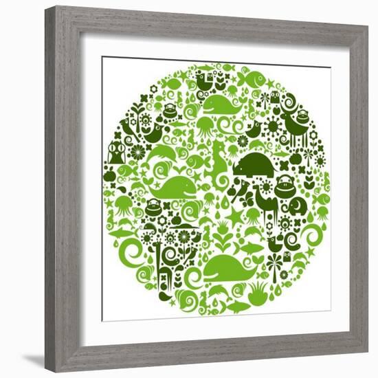 Green Globe Outline Made From Birds, Animals And Flowers Icons-Marish-Framed Premium Giclee Print