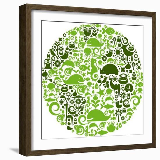 Green Globe Outline Made From Birds, Animals And Flowers Icons-Marish-Framed Premium Giclee Print
