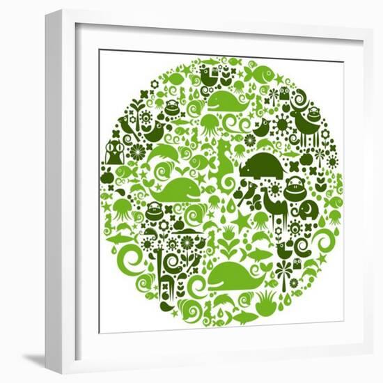 Green Globe Outline Made From Birds, Animals And Flowers Icons-Marish-Framed Premium Giclee Print