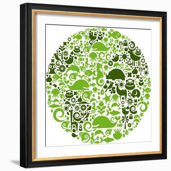 Green Globe Outline Made From Birds, Animals And Flowers Icons-Marish-Framed Premium Giclee Print