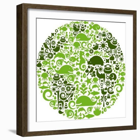 Green Globe Outline Made From Birds, Animals And Flowers Icons-Marish-Framed Art Print