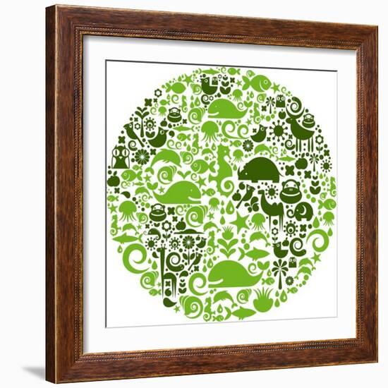 Green Globe Outline Made From Birds, Animals And Flowers Icons-Marish-Framed Art Print