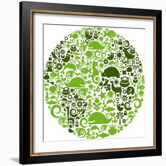 Green Globe Outline Made From Birds, Animals And Flowers Icons-Marish-Framed Art Print