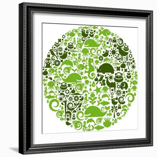 Green Globe Outline Made From Birds, Animals And Flowers Icons-Marish-Framed Art Print