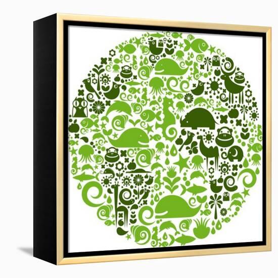 Green Globe Outline Made From Birds, Animals And Flowers Icons-Marish-Framed Stretched Canvas