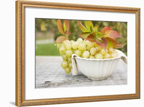 Green Grapes and Autumn Leaves in White Bowl-Foodcollection-Framed Photographic Print