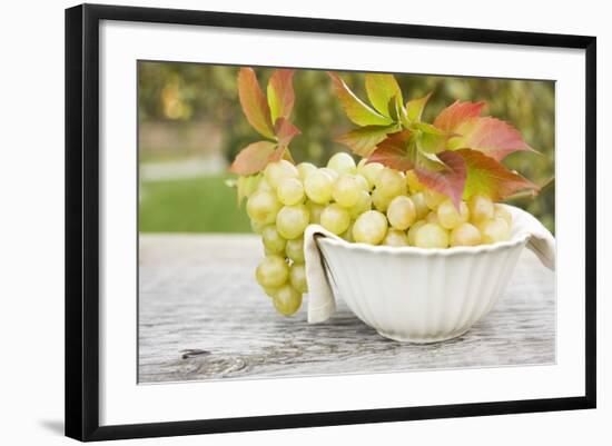 Green Grapes and Autumn Leaves in White Bowl-Foodcollection-Framed Photographic Print