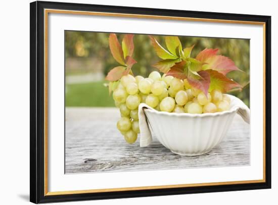 Green Grapes and Autumn Leaves in White Bowl-Foodcollection-Framed Photographic Print