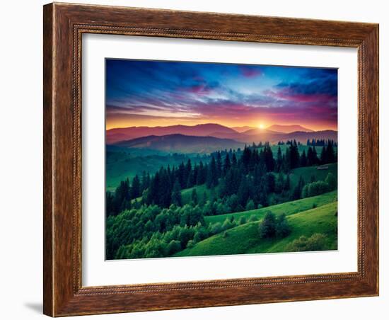 Green Hills Glowing by Warm Sunlight at Twilight. Dramatic Scene. Colorful Sky, Red Clouds. Carpath-Leonid Tit-Framed Premium Photographic Print