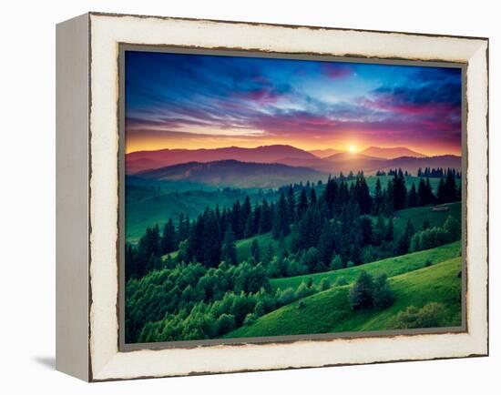 Green Hills Glowing by Warm Sunlight at Twilight. Dramatic Scene. Colorful Sky, Red Clouds. Carpath-Leonid Tit-Framed Premier Image Canvas