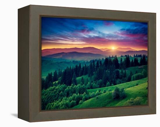 Green Hills Glowing by Warm Sunlight at Twilight. Dramatic Scene. Colorful Sky, Red Clouds. Carpath-Leonid Tit-Framed Premier Image Canvas