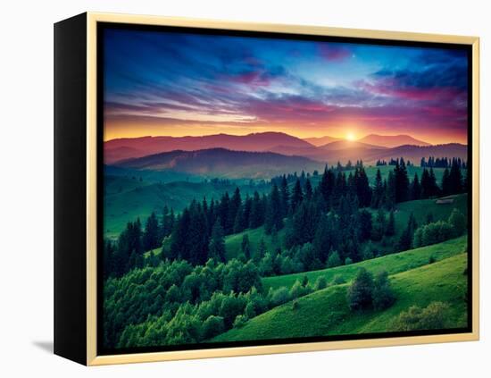 Green Hills Glowing by Warm Sunlight at Twilight. Dramatic Scene. Colorful Sky, Red Clouds. Carpath-Leonid Tit-Framed Premier Image Canvas