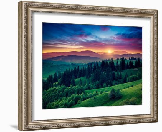 Green Hills Glowing by Warm Sunlight at Twilight. Dramatic Scene. Colorful Sky, Red Clouds. Carpath-Leonid Tit-Framed Photographic Print