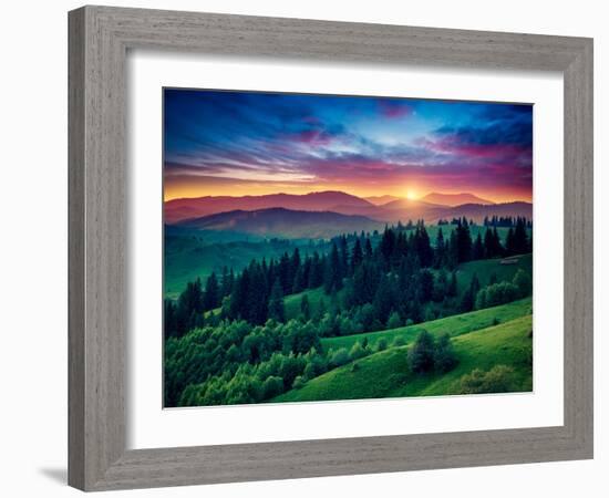 Green Hills Glowing by Warm Sunlight at Twilight. Dramatic Scene. Colorful Sky, Red Clouds. Carpath-Leonid Tit-Framed Photographic Print