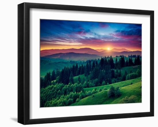 Green Hills Glowing by Warm Sunlight at Twilight. Dramatic Scene. Colorful Sky, Red Clouds. Carpath-Leonid Tit-Framed Photographic Print