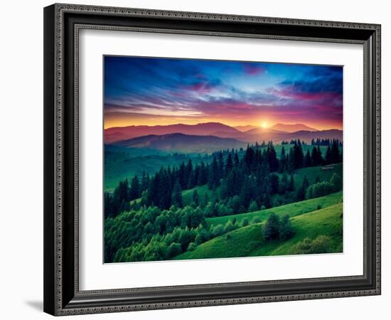 Green Hills Glowing by Warm Sunlight at Twilight. Dramatic Scene. Colorful Sky, Red Clouds. Carpath-Leonid Tit-Framed Photographic Print