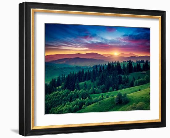 Green Hills Glowing by Warm Sunlight at Twilight. Dramatic Scene. Colorful Sky, Red Clouds. Carpath-Leonid Tit-Framed Photographic Print