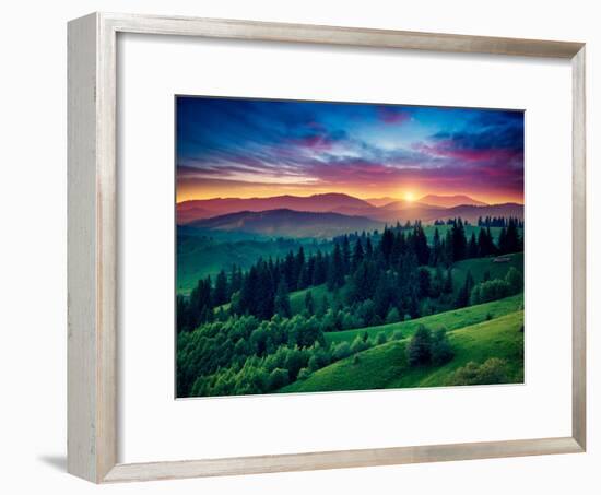 Green Hills Glowing by Warm Sunlight at Twilight. Dramatic Scene. Colorful Sky, Red Clouds. Carpath-Leonid Tit-Framed Photographic Print