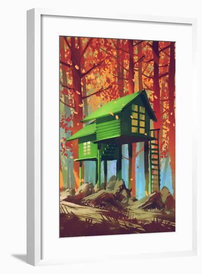 Green Houses in Autumn Forest,Illustration Painting-Tithi Luadthong-Framed Premium Giclee Print