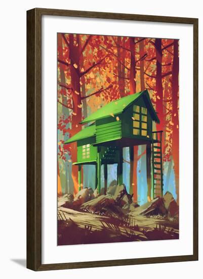 Green Houses in Autumn Forest,Illustration Painting-Tithi Luadthong-Framed Premium Giclee Print