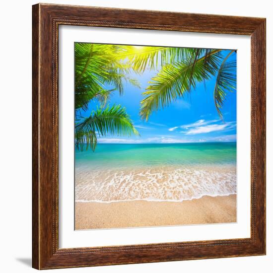 Green Leaves of Palm Tree and Tropical Beach-Aleksandr Ozerov-Framed Photographic Print