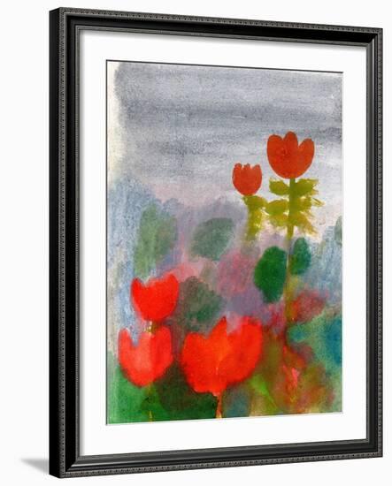 Green Life. Nature. Flowers. Red Tulips. Hand Drawn Landscape. Dark Sky. Rainy Day. Art. Summer Gar-Diana Lapshina-Framed Art Print