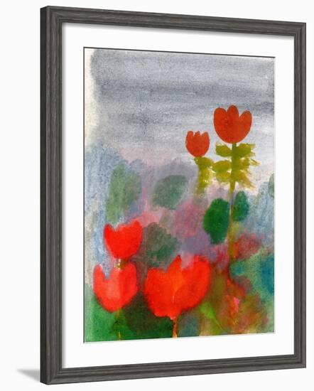 Green Life. Nature. Flowers. Red Tulips. Hand Drawn Landscape. Dark Sky. Rainy Day. Art. Summer Gar-Diana Lapshina-Framed Art Print