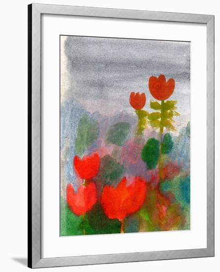 Green Life. Nature. Flowers. Red Tulips. Hand Drawn Landscape. Dark Sky. Rainy Day. Art. Summer Gar-Diana Lapshina-Framed Art Print