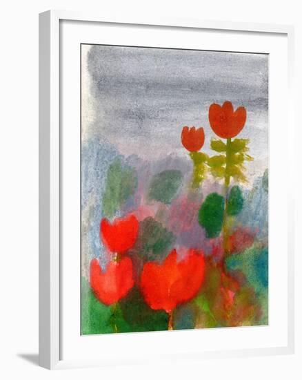 Green Life. Nature. Flowers. Red Tulips. Hand Drawn Landscape. Dark Sky. Rainy Day. Art. Summer Gar-Diana Lapshina-Framed Art Print