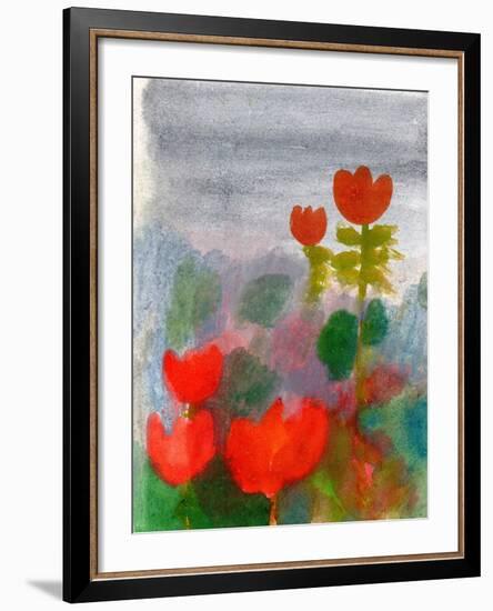 Green Life. Nature. Flowers. Red Tulips. Hand Drawn Landscape. Dark Sky. Rainy Day. Art. Summer Gar-Diana Lapshina-Framed Art Print