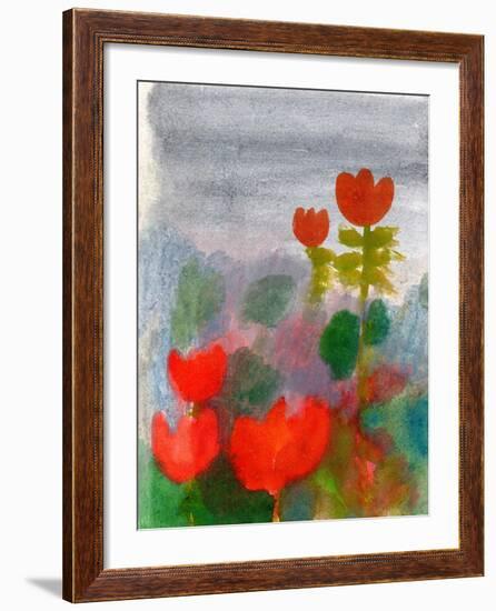 Green Life. Nature. Flowers. Red Tulips. Hand Drawn Landscape. Dark Sky. Rainy Day. Art. Summer Gar-Diana Lapshina-Framed Art Print