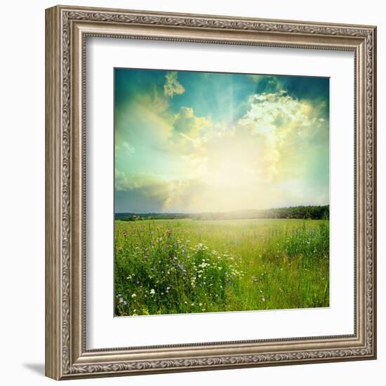 Green Meadow Under Blue Sky With Clouds-Volokhatiuk-Framed Art Print