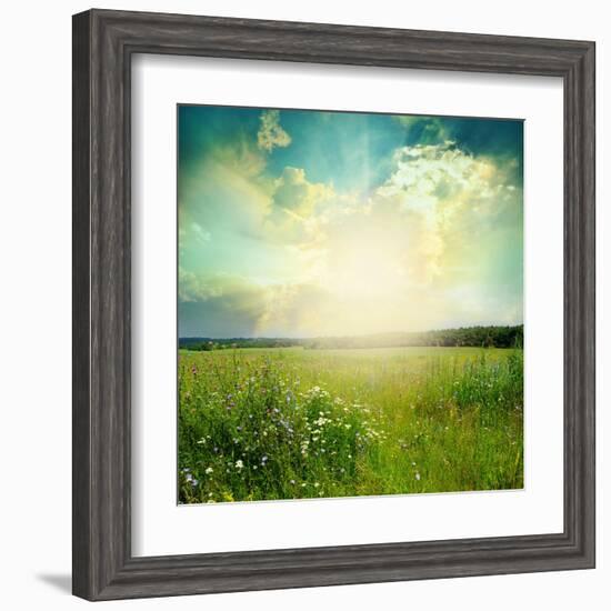 Green Meadow Under Blue Sky With Clouds-Volokhatiuk-Framed Art Print