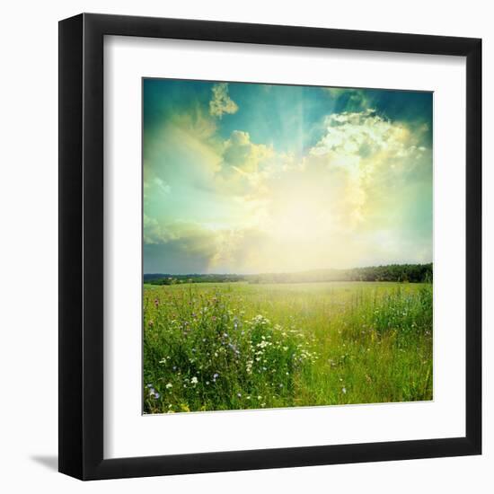 Green Meadow Under Blue Sky With Clouds-Volokhatiuk-Framed Art Print