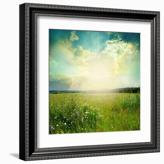 Green Meadow Under Blue Sky With Clouds-Volokhatiuk-Framed Art Print