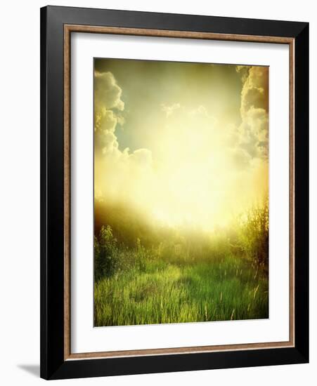 Green Meadow under Blue Sky with Clouds-Volokhatiuk-Framed Art Print