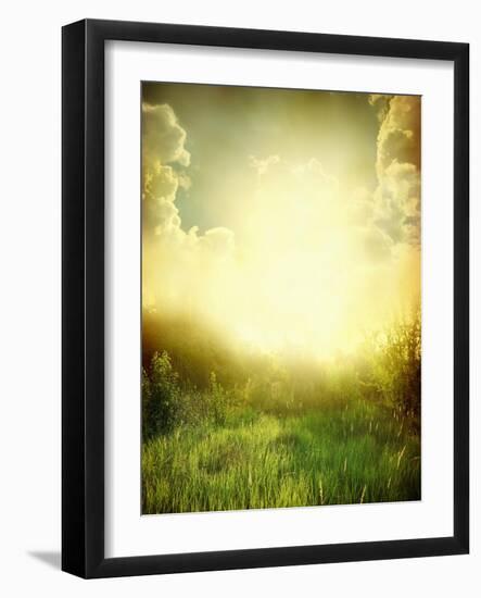 Green Meadow under Blue Sky with Clouds-Volokhatiuk-Framed Art Print