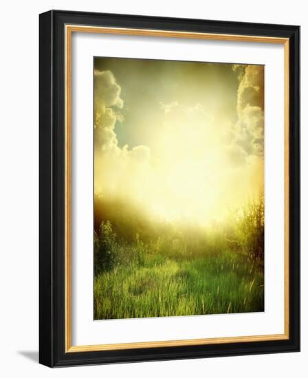 Green Meadow under Blue Sky with Clouds-Volokhatiuk-Framed Art Print