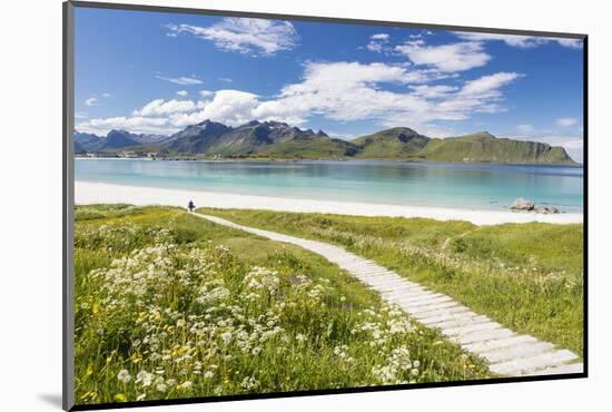Green meadows and flowers surrounded by turquoise sea and fine sand, Ramberg, Lofoten Islands, Norw-Roberto Moiola-Mounted Photographic Print