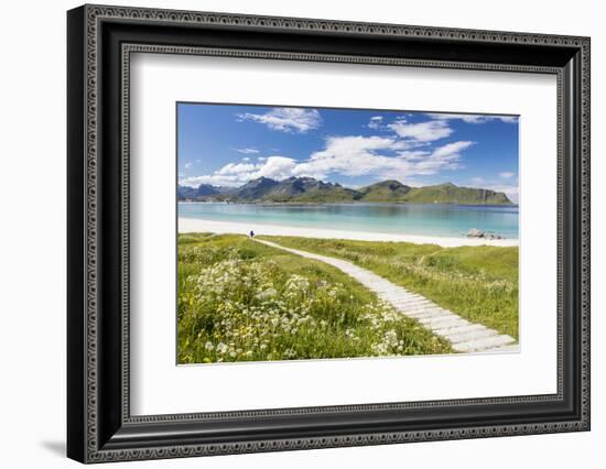 Green meadows and flowers surrounded by turquoise sea and fine sand, Ramberg, Lofoten Islands, Norw-Roberto Moiola-Framed Photographic Print