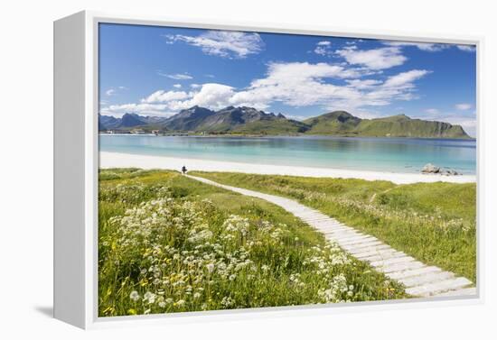 Green meadows and flowers surrounded by turquoise sea and fine sand, Ramberg, Lofoten Islands, Norw-Roberto Moiola-Framed Premier Image Canvas