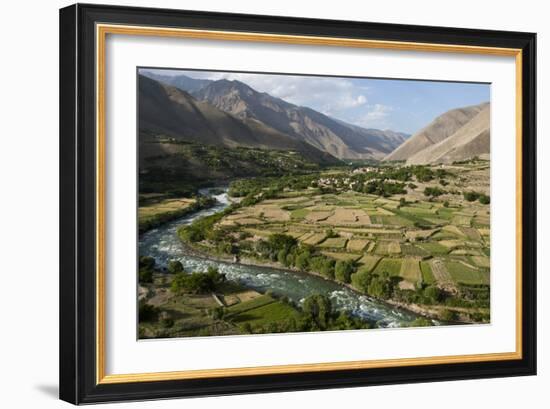 Green of irrigated fields contrast with arid hills, farmers ingenuity in dry landscape, Afghanistan-Alex Treadway-Framed Photographic Print
