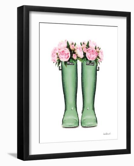 Green Rain Boots with Peony-Amanda Greenwood-Framed Art Print