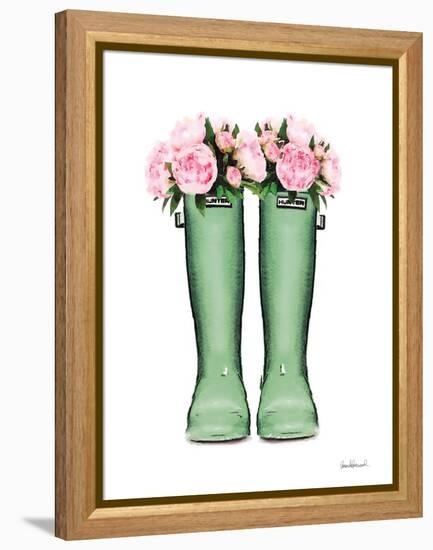 Green Rain Boots with Peony-Amanda Greenwood-Framed Stretched Canvas