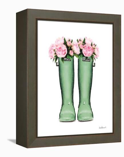 Green Rain Boots with Peony-Amanda Greenwood-Framed Stretched Canvas