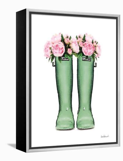 Green Rain Boots with Peony-Amanda Greenwood-Framed Stretched Canvas