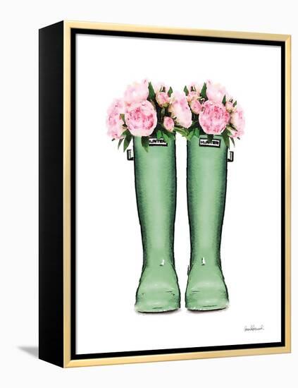 Green Rain Boots with Peony-Amanda Greenwood-Framed Stretched Canvas