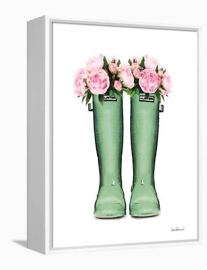 Green Rain Boots with Peony-Amanda Greenwood-Framed Stretched Canvas